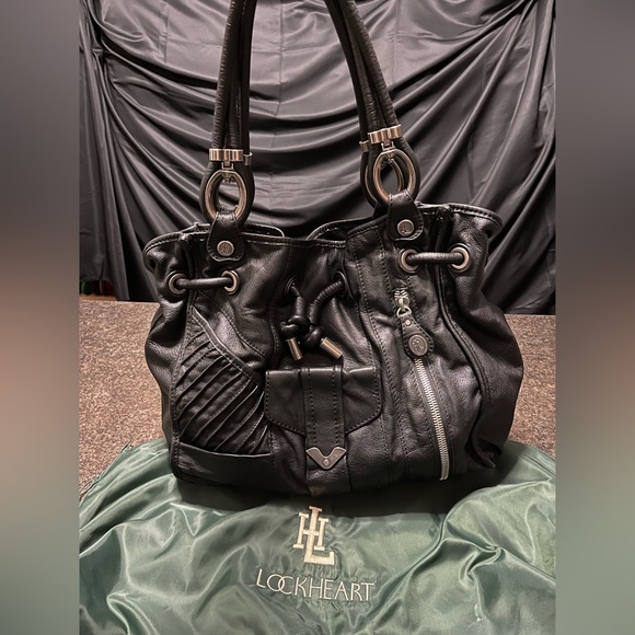 Lockheart Black Leather Purse Bag Satchel Rocker Metal Hardware Zippers Pockets - Picture 2 of 16